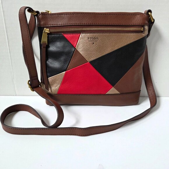 Fossil Purse Brown Red Gold Patchwork Leather Crossbody Bag Preppy Boho - Picture 2 of 7